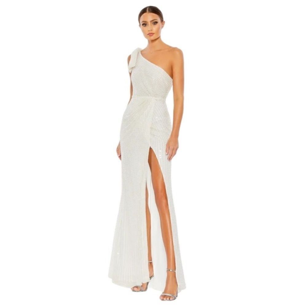 Mac Duggal - PEARL EMBELLISHED SOFT TIE ONE SHOULDER GOWN size 16 NWT